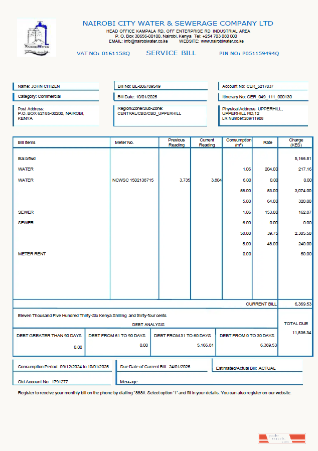 Kenya Nairobi City Water and Sewerage Company utility bill template in Word and PDF formats